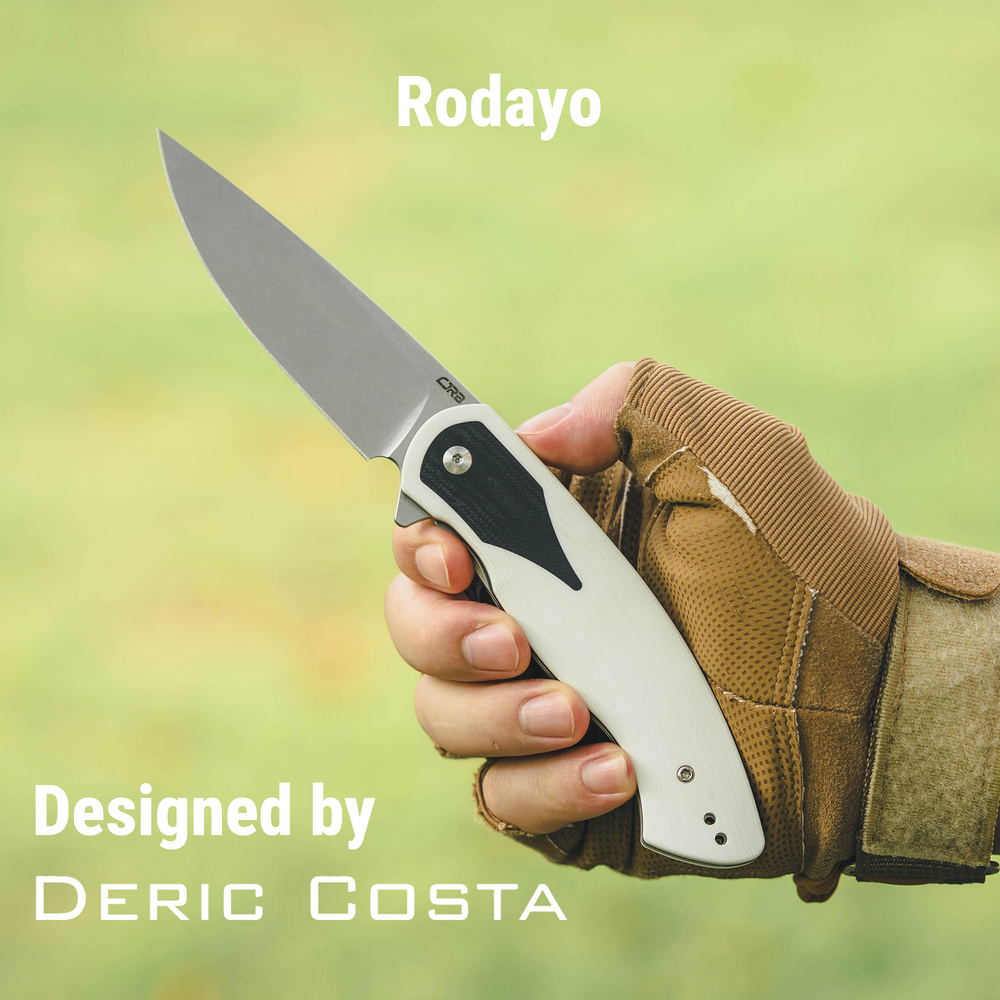 CJRB Rodayo Flipper & Liner Lock Folding Knife White G10 Handle (3.78'' Stone Wash AR-RPM9 Steel Blade) J1972-WBK