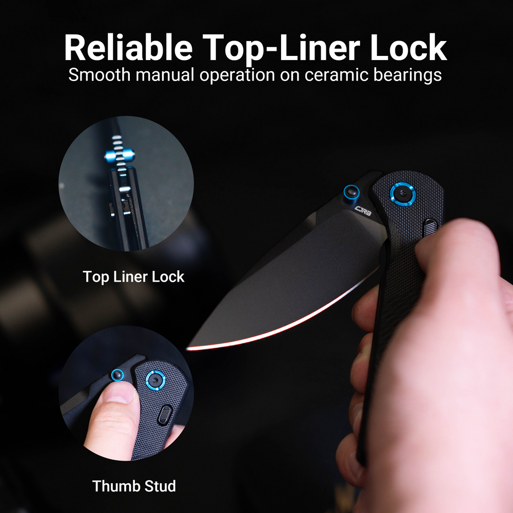 CJRB Latitude Thumb Stud & Top Liner Lock EDC Knife Black CNC G10 Textured Handle(3.47'' AR-RPM9 Steel Black PVD Coating Blade) J1975-BBK
