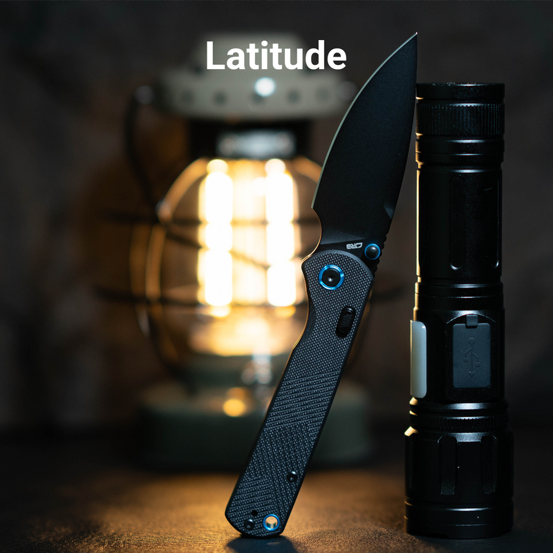 CJRB Latitude Thumb Stud & Top Liner Lock EDC Knife Black CNC G10 Textured Handle(3.47'' AR-RPM9 Steel Black PVD Coating Blade) J1975-BBK