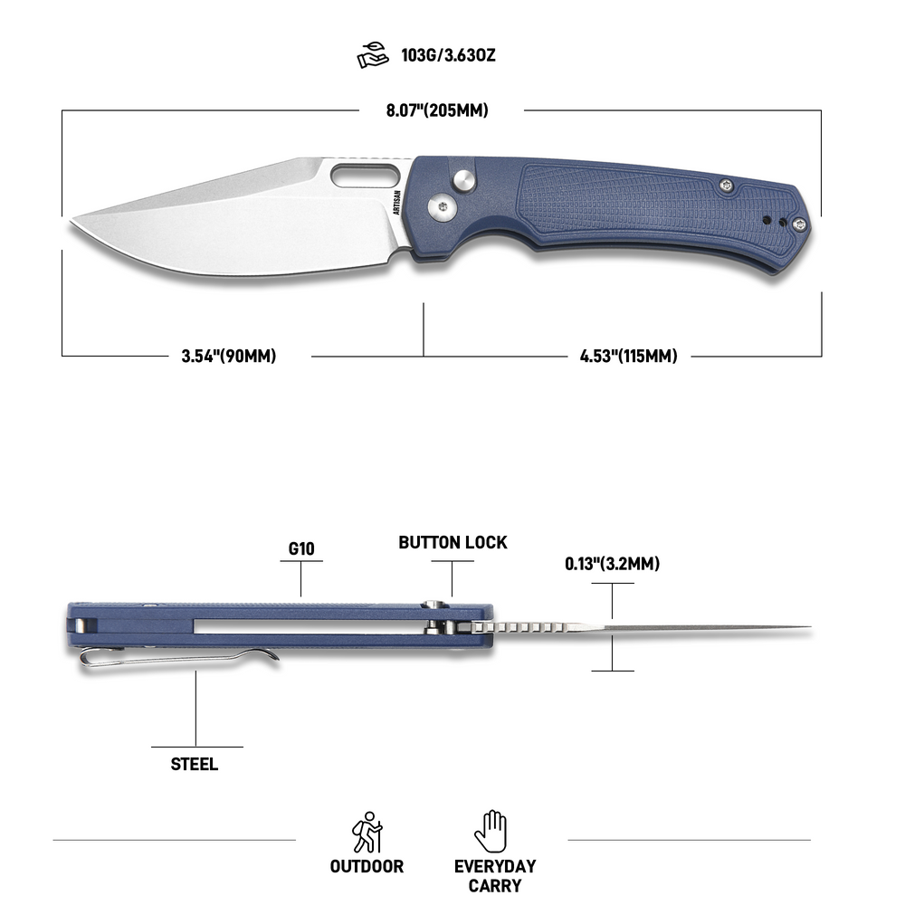ARTISAN CUTLERY REVEL Button Lock Knife Blue FRN Handle (3.54'' Stone Wash S90V Blade) 1867G-BU
