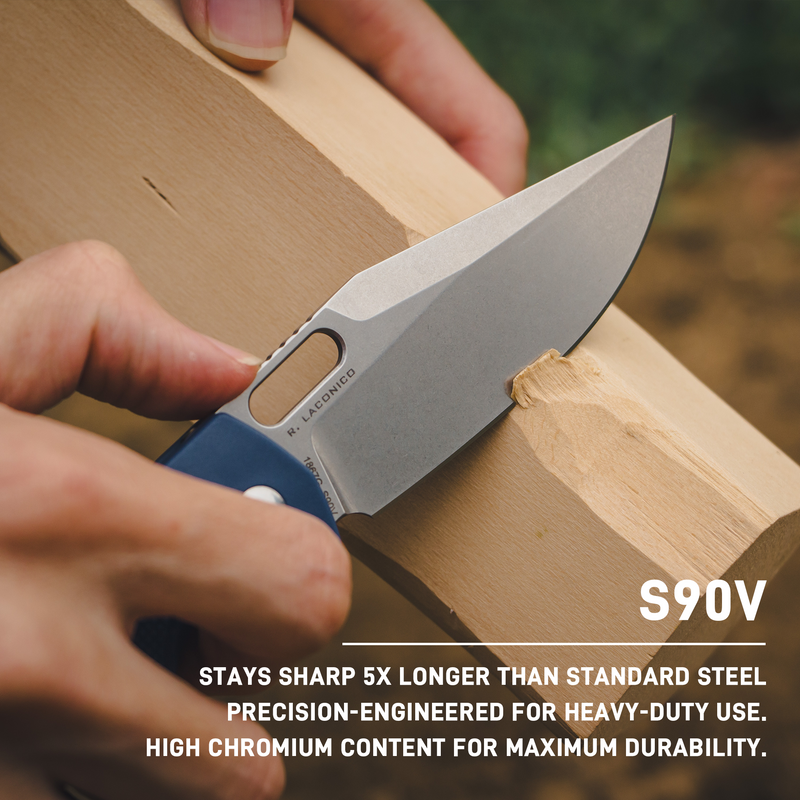 ARTISAN CUTLERY REVEL Button Lock Knife Blue FRN Handle (3.54'' Stone Wash S90V Blade) 1867G-BU