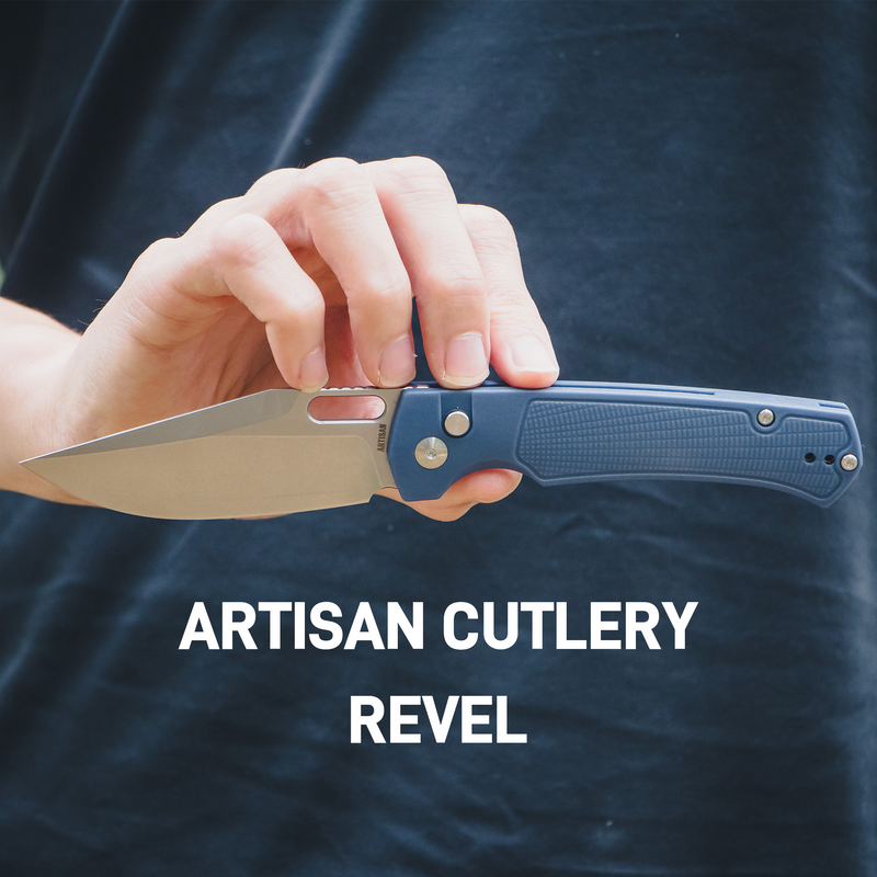 ARTISAN CUTLERY REVEL Button Lock Knife Blue FRN Handle (