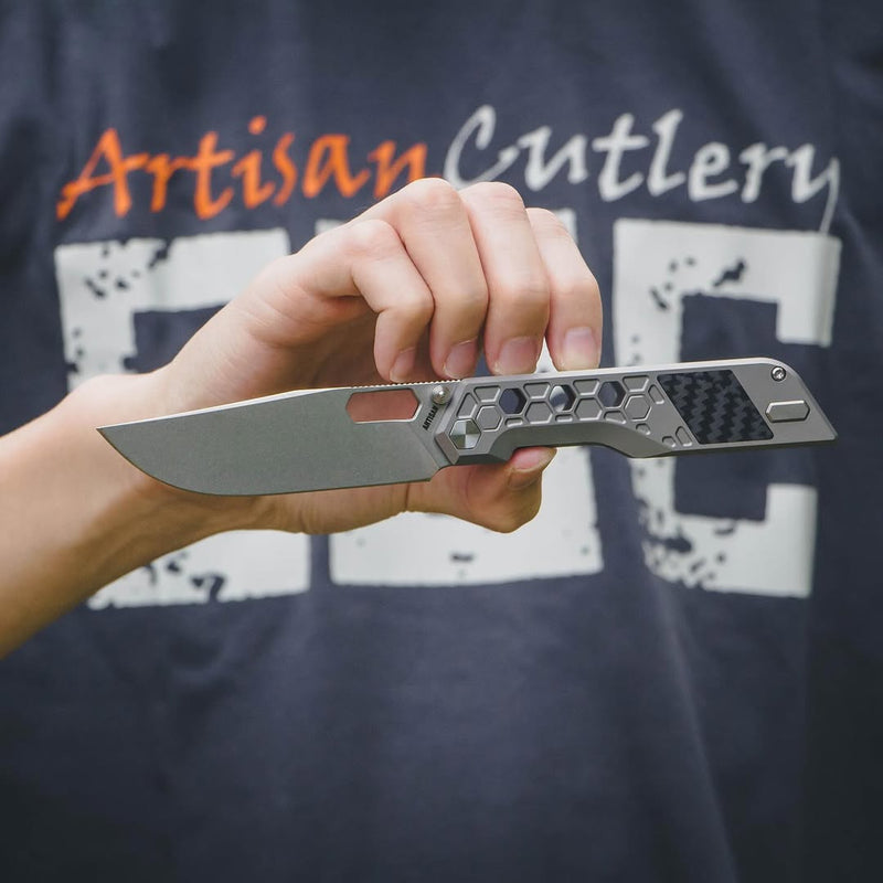 ArtisanCutlery Beest Frame Lock Knife Grey Titanium + Fat Carbon Handle (3.65'' Stone Wash S35VN Blade) 1878G-GY