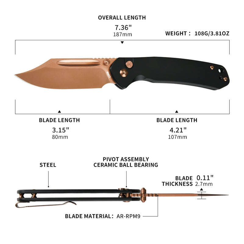 CJRB Bowie Pyrite J1942 AR-RPM9 Steel Blade Rose Gold Steel Handle Folding Knives