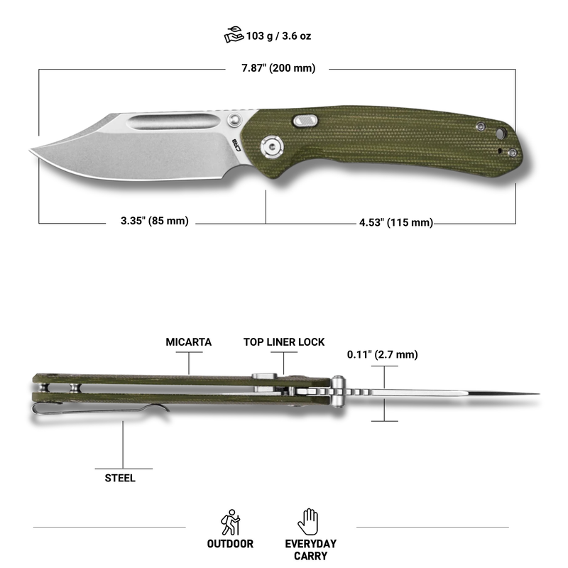 CJRB Bowie Pyrite Thumb Stud & Top Liner Lock Folding Knife Natural Micarta Handle (3.35'' Stone Wash 14C28N Steel Blade) J1942X-NM (Exclusive)