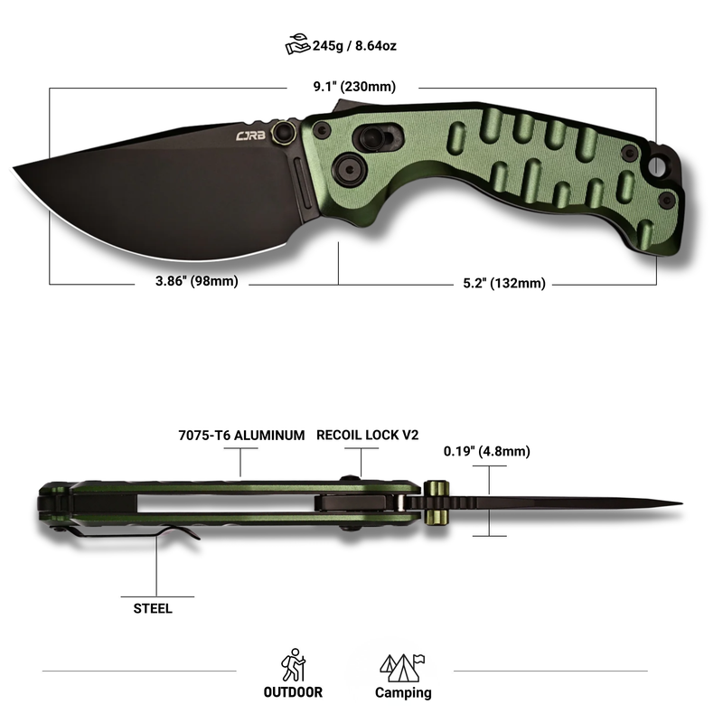 CJRB Doubletap Thumb Stud & Recoil Lock V2 Tatical Knife Green 7075-T6 Aluminum Handle(3.86'' D2 Black PVD Coating Blade) J1970-BAL (Exclusive)