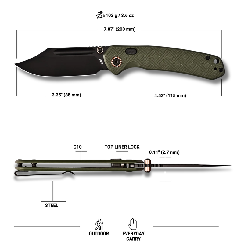 CJRB Bowie Pyrite Thumb Stud & Top Liner Lock Folding Knife Green CNC G10 Textured Handle (3.35'' AR-RPM9 Steel Black PVD Coating Blade) J1942X-BGN