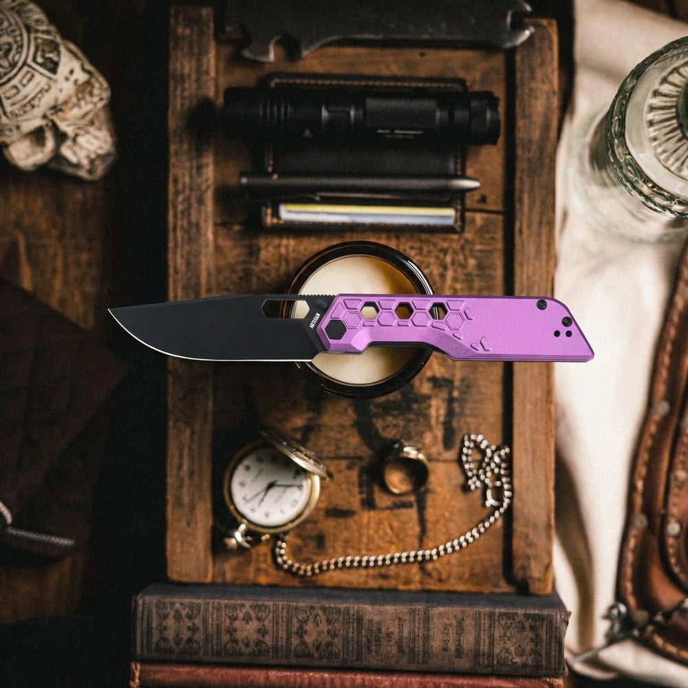 Artisan Cutlery Beest Liner Lock Front Flipper&Thumbs Hole Knife Purple Aluminum Handle (3.65'' Black PVD Coating AR-RPM9 Blade) 1878P-BVT