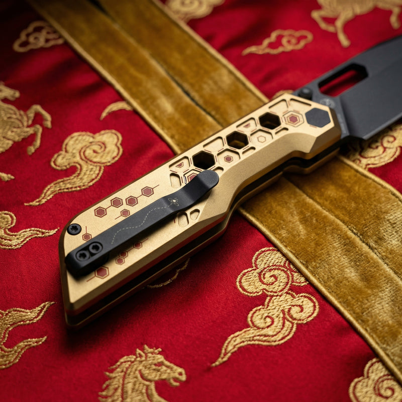 Pre-order | Artisan Cutlery Beest Liner Lock Front Flipper&Thumbs Hole Knife Gold Aluminum Handle (3.65'' Black PVD Coating AR-SFII Blade) 1878P-GL