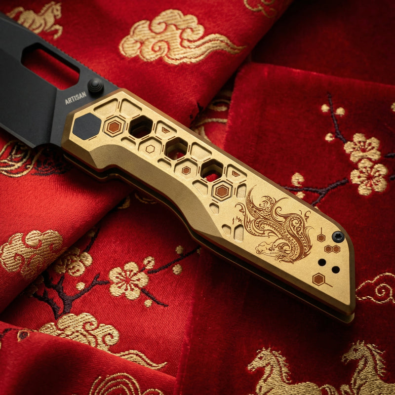 Pre-order | Artisan Cutlery Beest Liner Lock Front Flipper&Thumbs Hole Knife Gold Aluminum Handle (3.65'' Black PVD Coating AR-SFII Blade) 1878P-GL