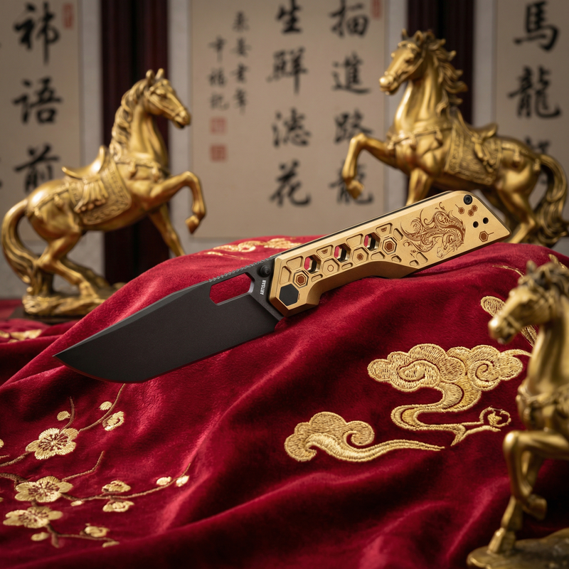 Pre-order | Artisan Cutlery Beest Liner Lock Front Flipper&Thumbs Hole Knife Gold Aluminum Handle (3.65'' Black PVD Coating AR-SFII Blade) 1878P-GL