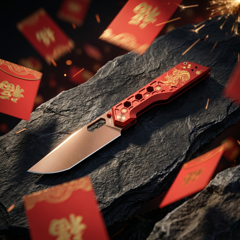 Pre-order | Artisan Cutlery Beest Liner Lock Front Flipper&Thumbs Hole Knife Red Aluminum Handle (3.65'' Rose Gold Coating AR-SFII Blade) 1878P-RE