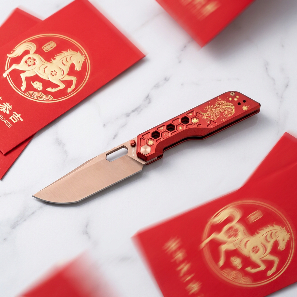 Pre-order | Artisan Cutlery Beest Liner Lock Front Flipper&Thumbs Hole Knife Red Aluminum Handle (3.65'' Rose Gold Coating AR-SFII Blade) 1878P-RE