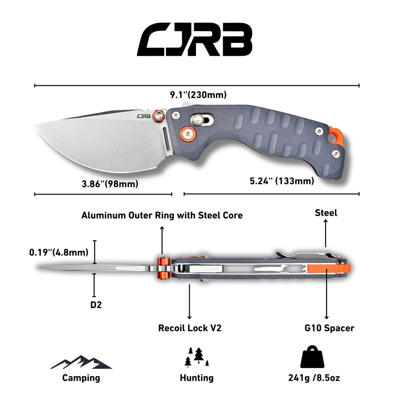 CJRB Doubletap Thumb Stud & Recoil Lock V2 Tatical Knife Blue G10 Handle(3.86'' D2 Stone Wash Blade) J1970-BU