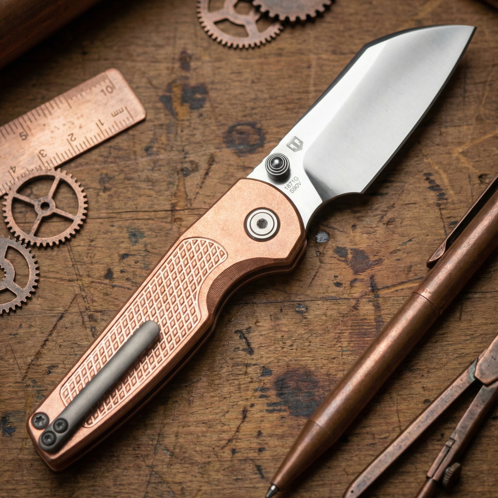 Artisan Cutlery Cleo 1871G-CO CPM S90V Blade Copper Handle Folding Knives