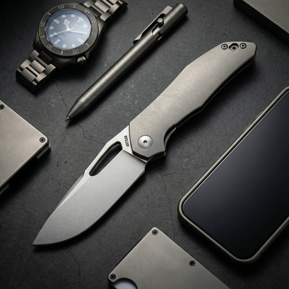 Artisan Cutlery Keras Liner Lock Front Flipper Knife Titanium Handle (3.31'' Stone Wash S35VN Blade) 1880G-GY