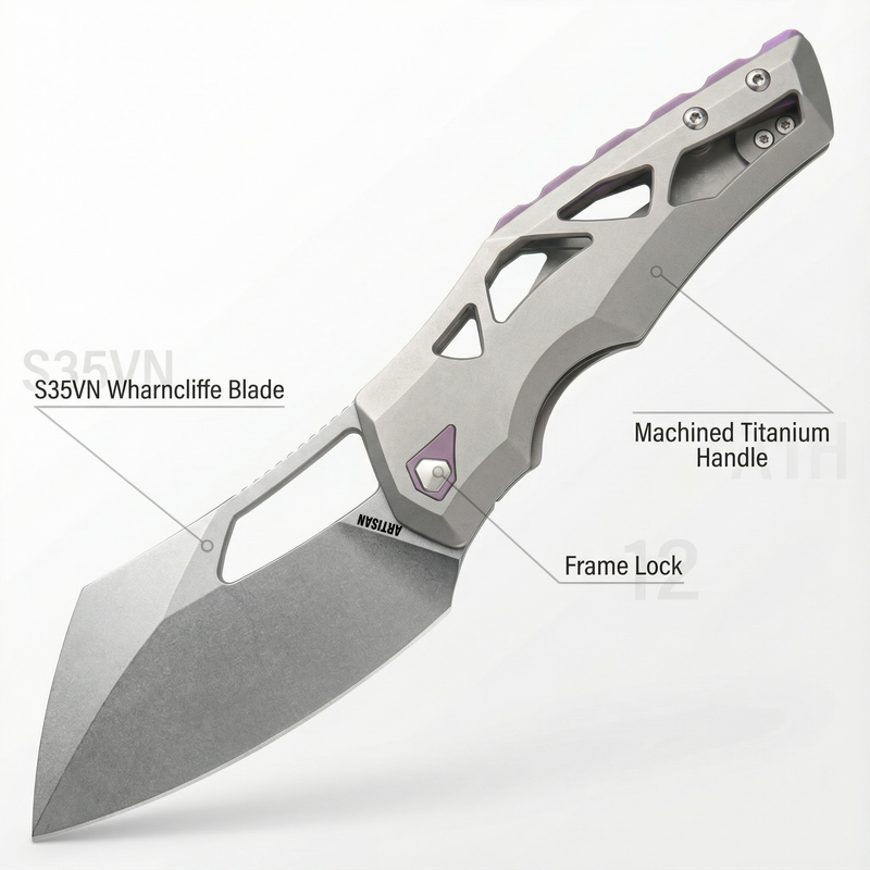 Artisan Cutlery Tortoise 1884G S35VN Steel Blade Titanium Handle Folding Knives Purple