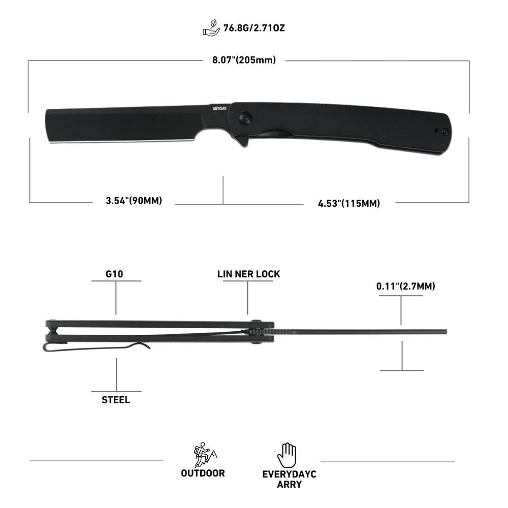 ArtisanCutlery Orthodox V2 Flipper & Liner Lock Knife Black G10 Handle (3.54'' Black PVD Coating AR-RPM9 Blade) 1883P-BBK