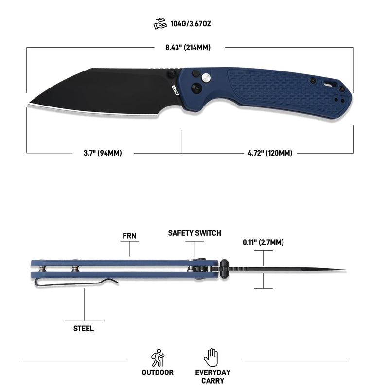 CJRB Large Pyrite-Light Button Lock with safety switch Knife Blue FRN Handle (3.7'' Black PVD Coating AR-RPM9 Blade) J1945L-BBU