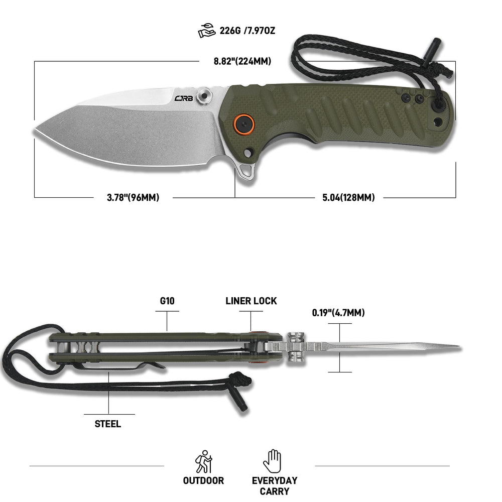 CJRB Tundra Liner Lock Flipper Knife Smooth Green G10 Handle (3.78'' Stone Wash D2 Blade) J1966-GN