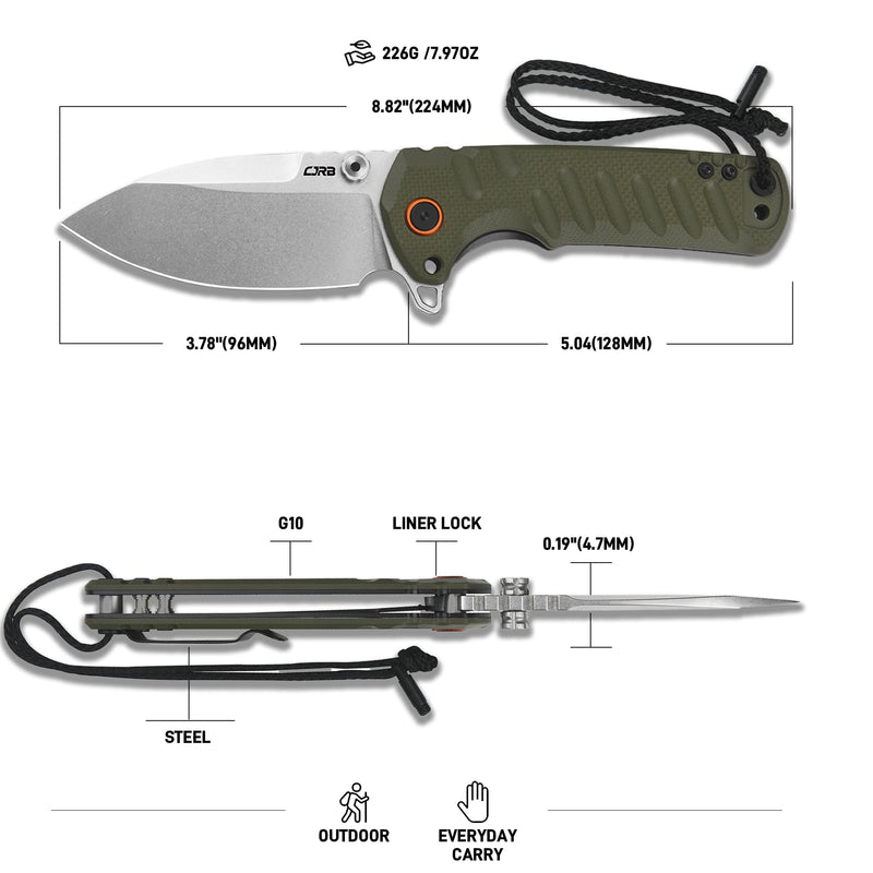 CJRB Tundra Liner Lock Flipper Knife Smooth Green G10 Handle (3.78'' Stone Wash D2 Blade) J1966-GN