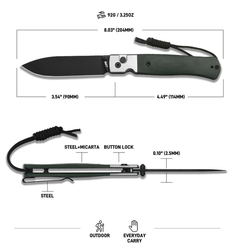 CJRB Glacier Button Lock Knife Smooth Steel + Micarta Handle (3.54'' Black PVD Coating AR-RPM9 Blade) J1961-BMGN
