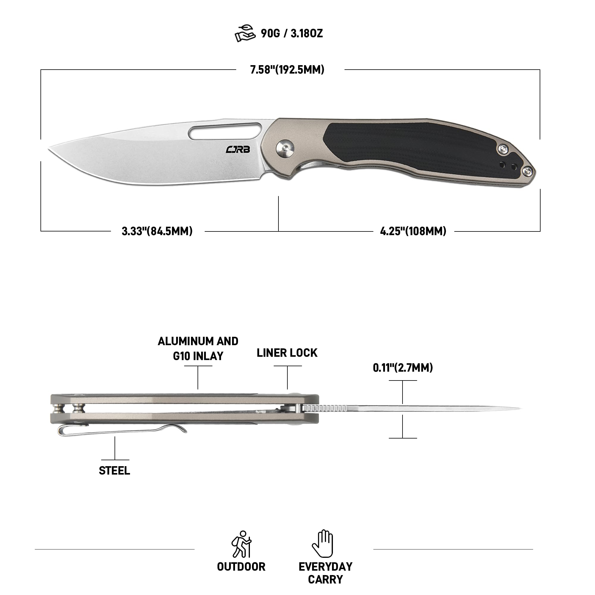 CJRB Droma Liner Lock Thumb Hole Knife Inlay Aluminum And