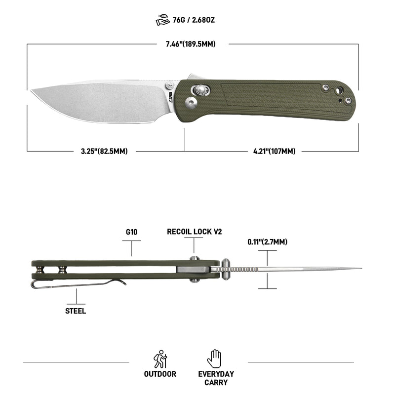 CJRB Bolt Thumbs Stud Recoil Lock Knife Green G10 Handle (3.25'' Stone Wash AR-RPM9 Blade) J1960-GN