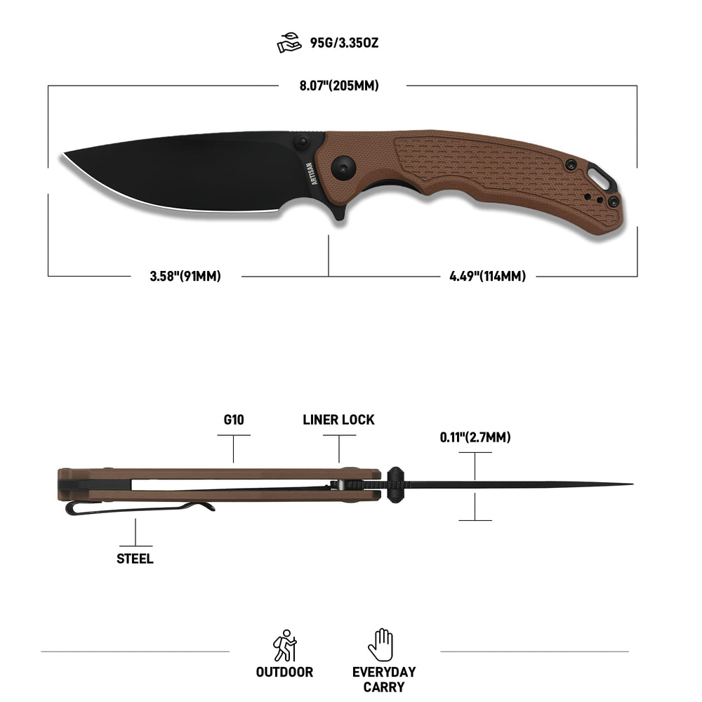 ArtisanCutlery Tradition V2 Liner Lock Knife Brown G10 Handle (3.58'' Black PVD Coating AR-RPM9 Blade) 1702M-BBN
