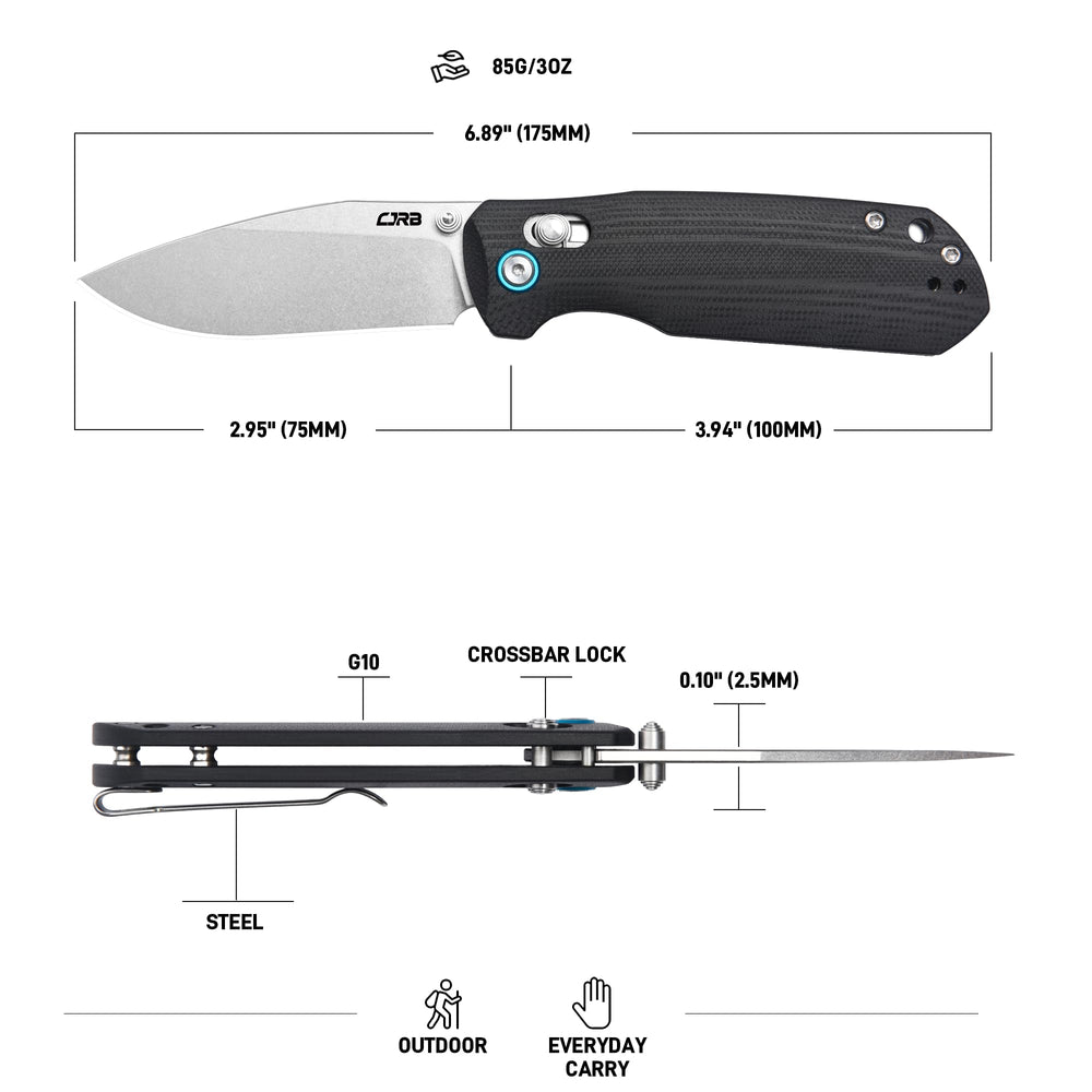 CJRB Maximal Crossbar Lock Knife Black G10 Handle (2.95'' Stone Wash AR-RPM9 Blade) J1954-BK