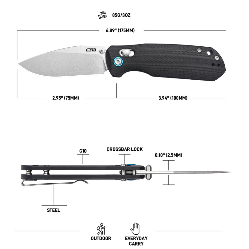 CJRB Maximal Crossbar Lock Knife Black G10 Handle (2.95'' Stone Wash AR-RPM9 Blade) J1954-BK