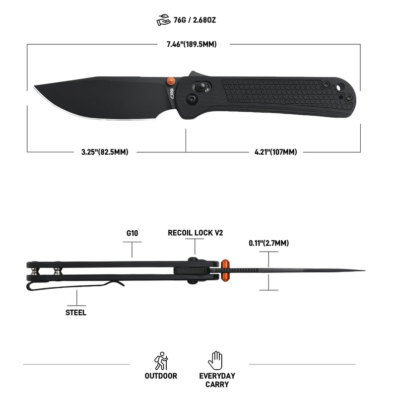CJRB Bolt Thumbs Stud Recoil Lock Knife Black G10 Handle (3.25'' Black PVD Coating AR-RPM9 Blade) J1960-BBK