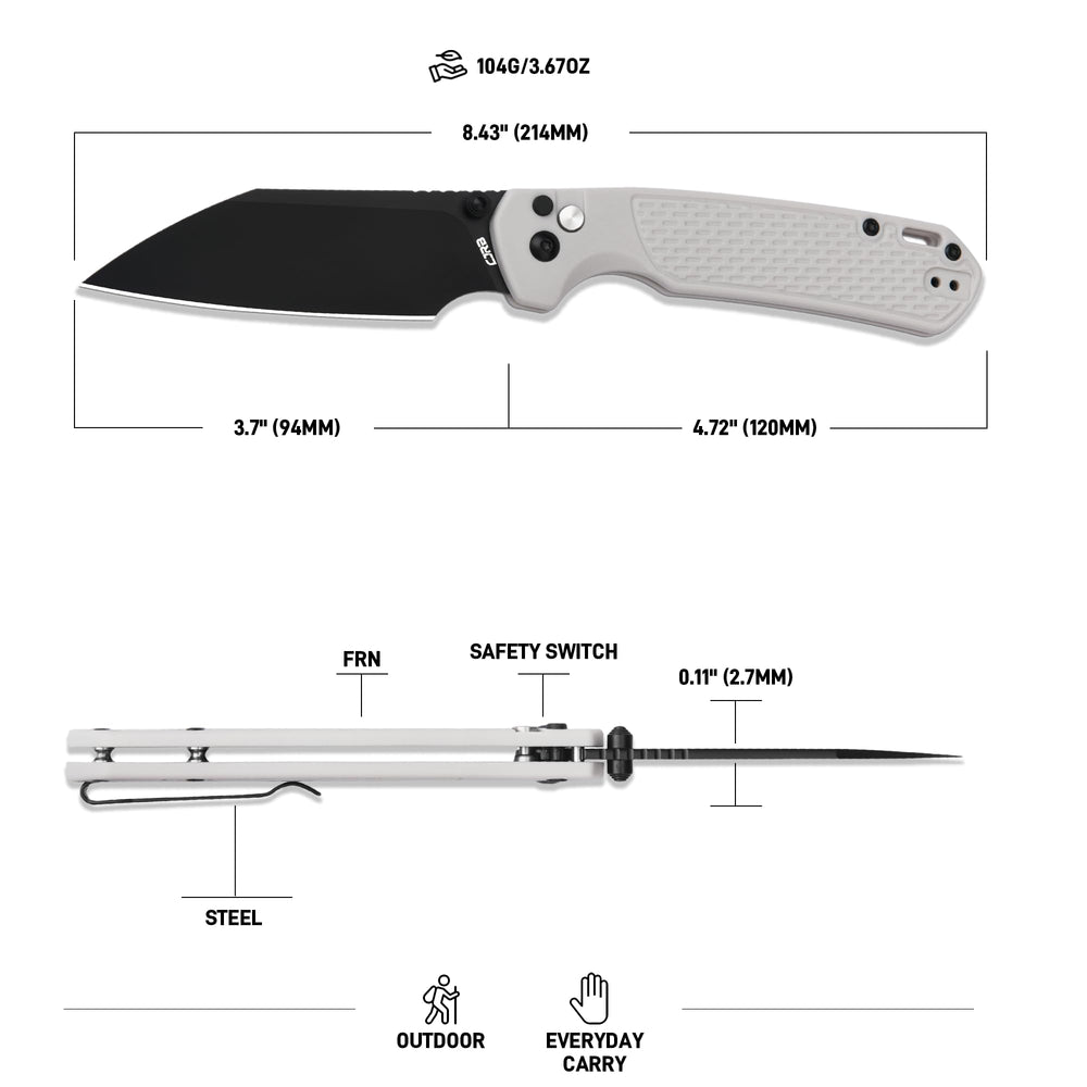 CJRB Large Pyrite-Light Button Lock with safety switch Knife White FRN Handle (3.7'' Black PVD Coating AR-RPM9 Blade) J1945L-BGY
