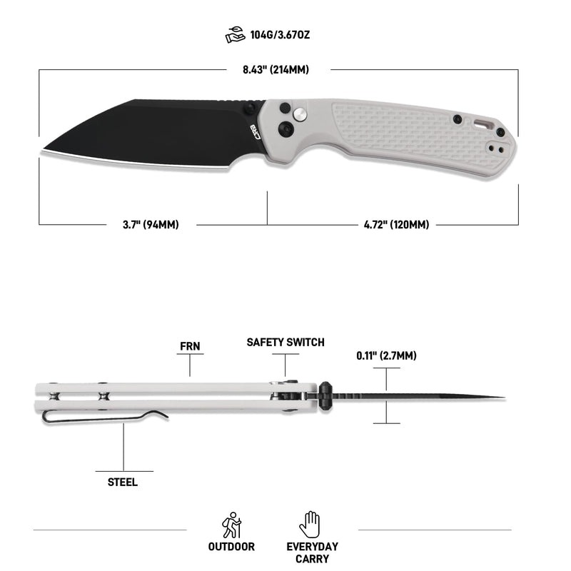 CJRB Large Pyrite-Light Button Lock with safety switch Knife White FRN Handle (3.7'' Black PVD Coating AR-RPM9 Blade) J1945L-BGY