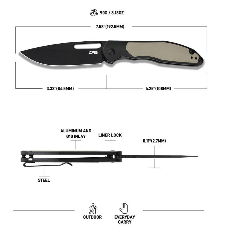 CJRB Droma Liner Lock Thumb Hole Knife Inlay Aluminum And G10 Inlay Handle (3.33'' Black PVD Coating AR-RPM9 Blade) J1963-BDK