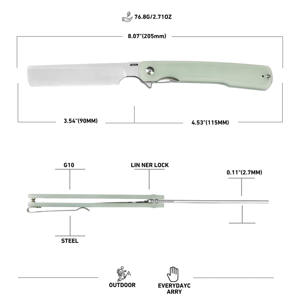 ArtisanCutlery Orthodox V2 Flipper & Liner Lock Knife Green G10 Handle (3.54'' Sand polish AR-RPM9 Blade) 1883P-NTG