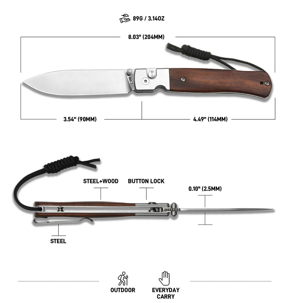 CJRB Glacier Button Lock Knife Smooth Steel + Wood Handle (3.54'' Sand polish AR-RPM9 Blade) J1961-WD