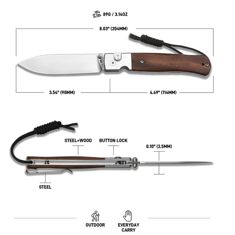 CJRB Glacier Button Lock Knife Smooth Steel + Wood Handle (3.54'' Sand polish AR-RPM9 Blade) J1961-WD