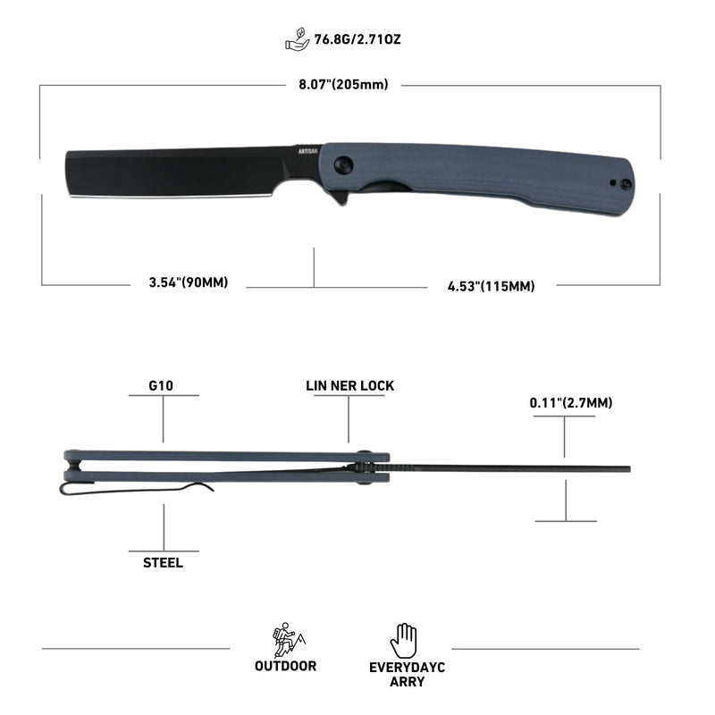 ArtisanCutlery Orthodox V2 Flipper & Liner Lock Knife Blue G10 Handle (3.54'' Black PVD Coating AR-RPM9 Blade) 1883P-BBU