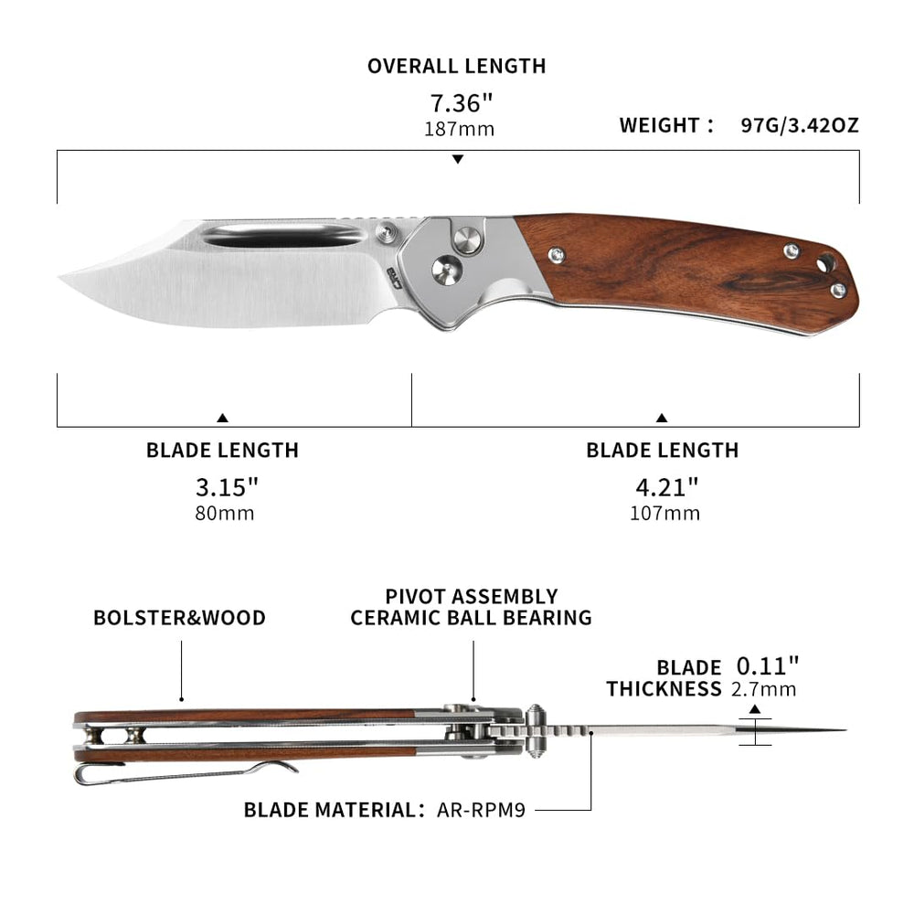 CJRB Bowie Pyrite J1942 AR-RPM9 Steel Blade Sand Polish Wood Handle Folding Knives Rosewood