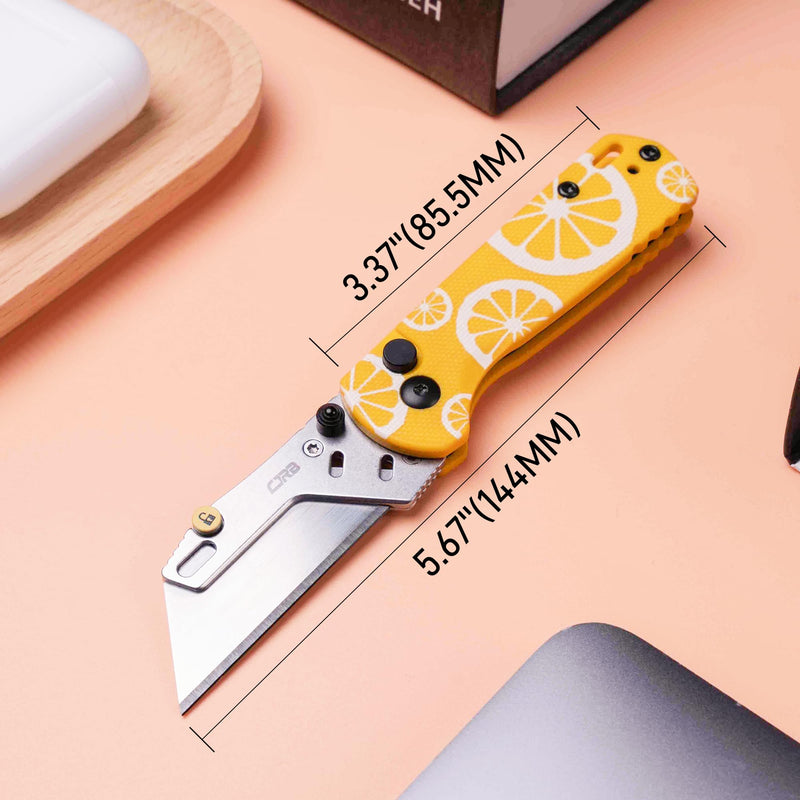 CJRB Boxer Button Lock Knife Yellow G10 Handle (2.3'' Stone Wash Steel Blade) J1967-LM, with 10 pcs blades