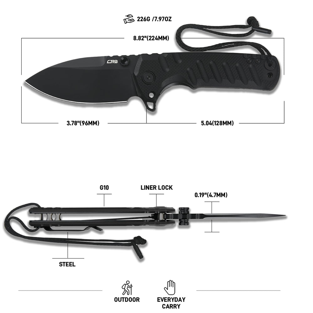 CJRB Tundra Liner Lock Knife Smooth Black G10 Handle (3.78'' Black PVD Coating D2 Blade) J1966-BBK