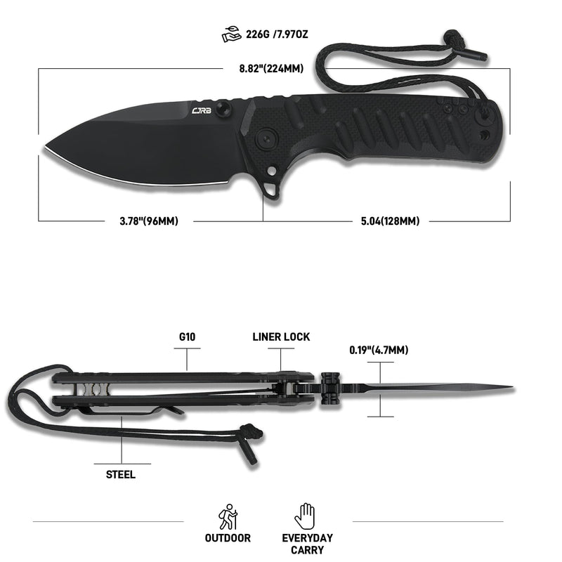 CJRB Tundra Liner Lock Knife Smooth Black G10 Handle (3.78'' Black PVD Coating D2 Blade) J1966-BBK