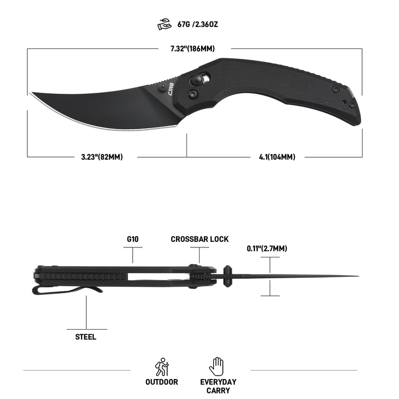 CJRB Nanner Front Flipper Crossbar lock Knife Black G10 Handle (3.23'' Black PVD Coating AR-RPM9 Blade) J1955-BBK