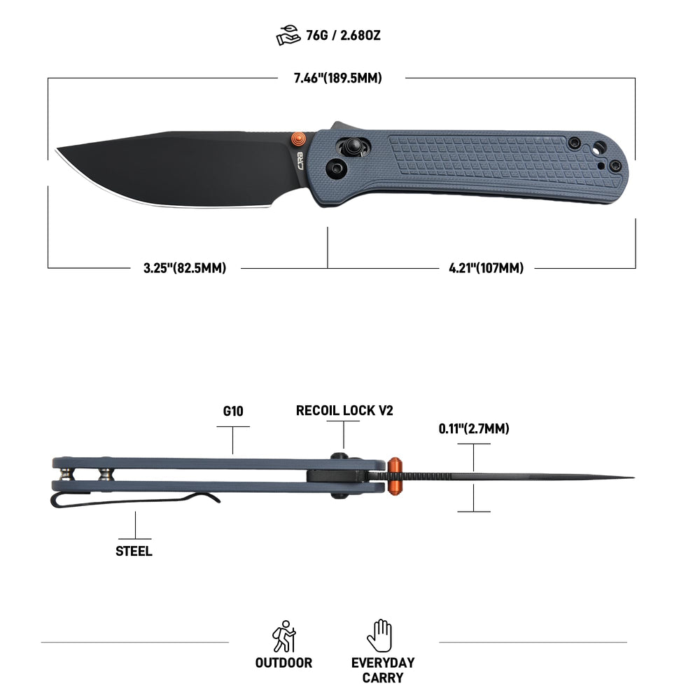 CJRB Bolt Thumbs Stud Recoil Lock Knife Blue G10 Handle (3.25'' Black PVD Coating AR-RPM9 Blade) J1960-BGY