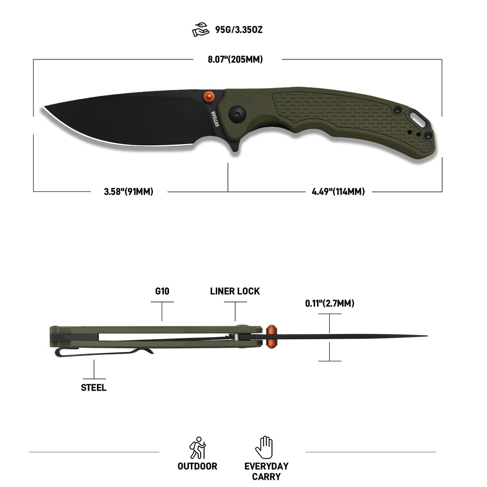 ArtisanCutlery Tradition V2 Liner Lock Knife Green G10 Handle (3.58'' Black PVD Coating AR-RPM9 Blade) 1702M-BGN