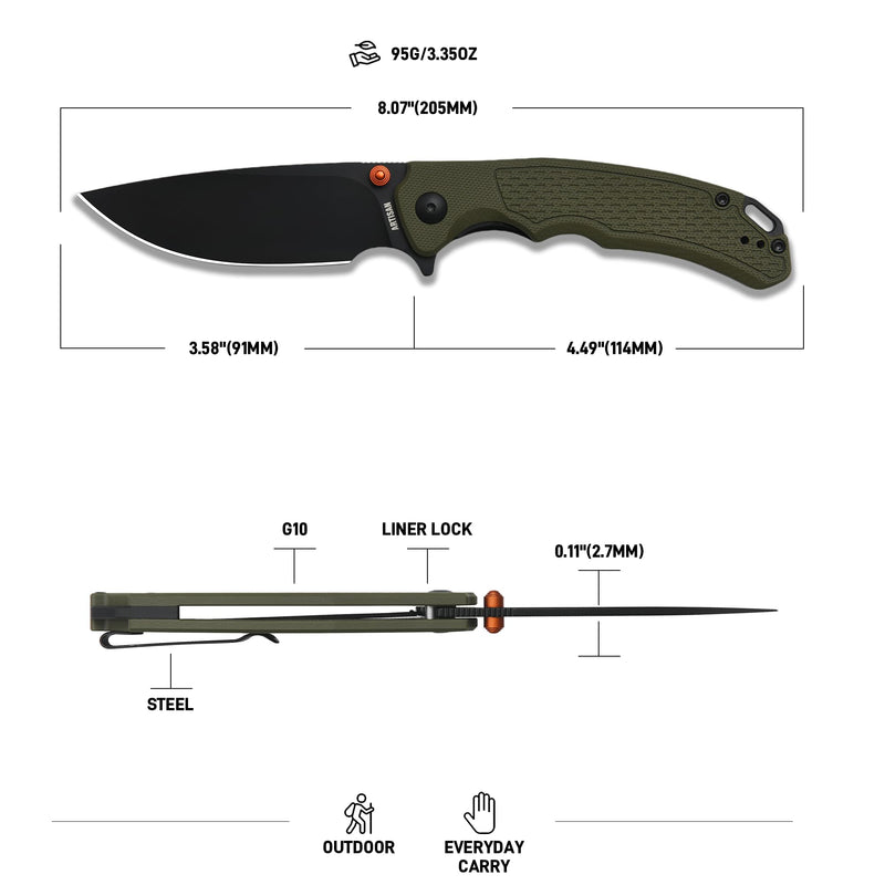 ArtisanCutlery Tradition V2 Liner Lock Knife Green G10 Handle (3.58'' Black PVD Coating AR-RPM9 Blade) 1702M-BGN