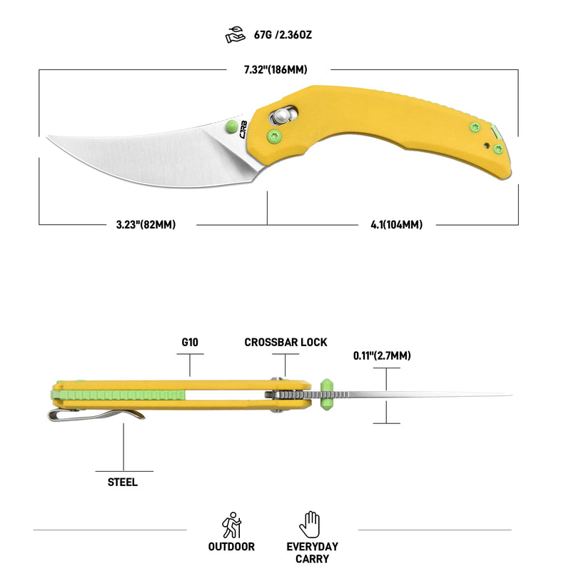 CJRB Nanner Front Flipper Crossbar lock Knife Yellow G10 Handle (3.23'' Sand Polish AR-RPM9 Blade) J1955-YE
