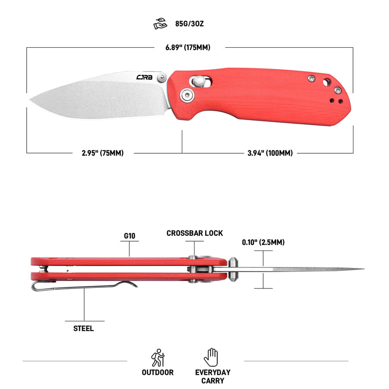 CJRB Maximal Crossbar Lock Knife Red G10 Handle (2.95'' Stone Wash AR-RPM9 Blade) J1954-RE
