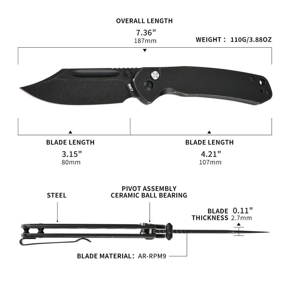CJRB Bowie Pyrite J1942 AR-RPM9 Steel Blade Stone Wash Steel Handle Folding Knives, Black